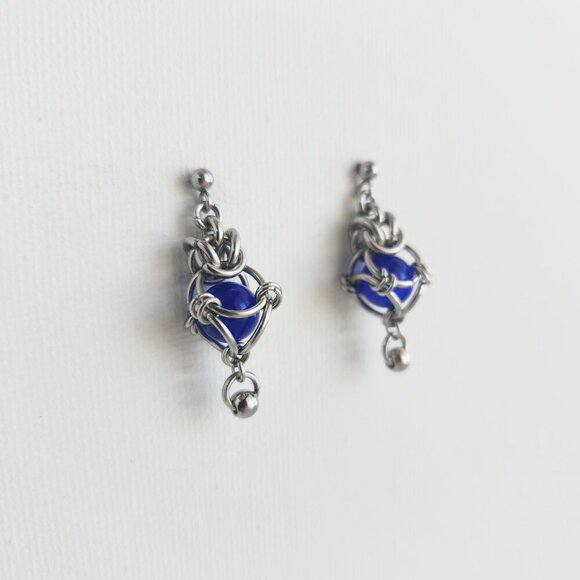 Whimsical Victorian Fairy silver earrings with bright royal blue caged pearls - Picture 2 of 8